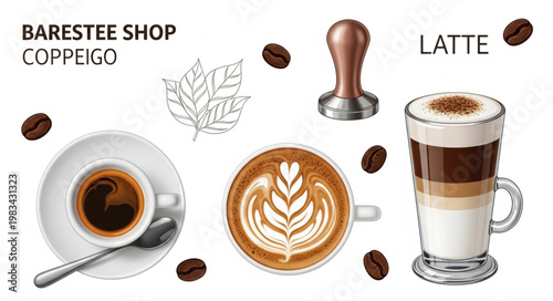 Coffee drinks and accessories illustration with latte art and beans.