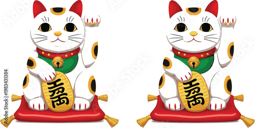 Maneki neko lucky cat figurine set Japanese fortune charm waving cat vector illustration traditional symbol collection