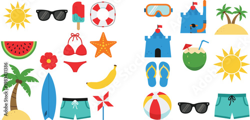 Summer Vacation Elements Set with Sunglasses, Surfboard, Fruit, and Beach Accessories, Perfect for Beach Fun and Tropical Designs