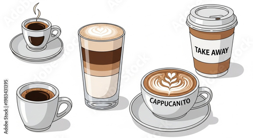 Collection of various coffee drinks in cups and takeaway container.