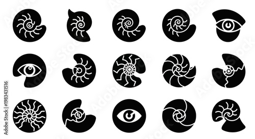 Black nautilus shell icons, eye and spiral symbols, set of 16 vector graphics, white background