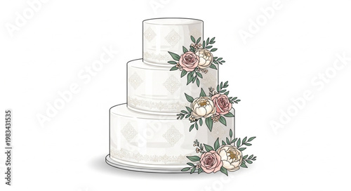 Elegant three-tiered wedding cake adorned with delicate floral decorations.