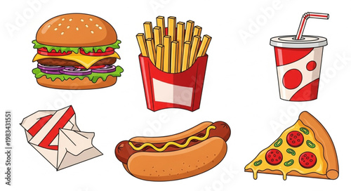 Fast food meal with burger fries and soda illustration.