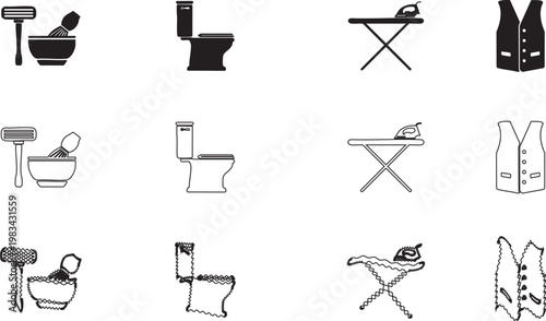 Set of Household and Personal Care Icons Featuring Grooming Tools, Bathroom Fixtures, Ironing Equipment, and Apparel Symbols