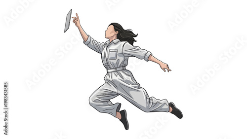 Artistic Ascent: A woman soars through the air, paper in hand, symbolizing freedom, creativity, and the pursuit of dreams. The illustration captures a moment of exhilaration and aspiration.