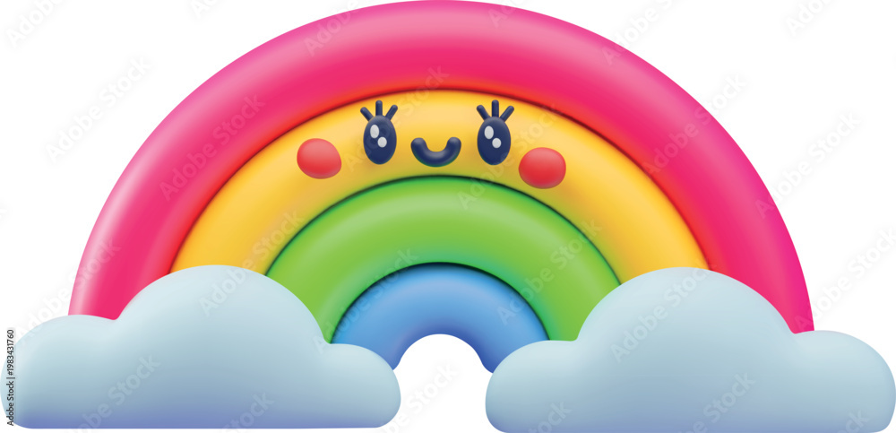 Fototapeta premium A 3D children's character, a bright rainbow on clouds, with a smiling face.