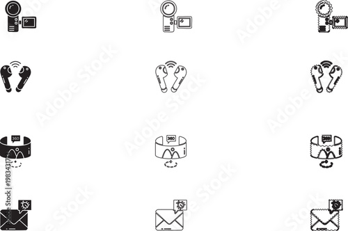 Set of Digital Media and Communication Icons Including Video Camera, Wireless Earbuds, Panoramic View, and Email Notification Symbols