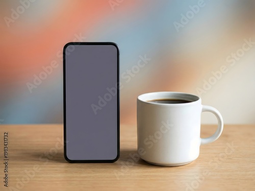 Smartphone and coffee cup resting on a wooden table surface