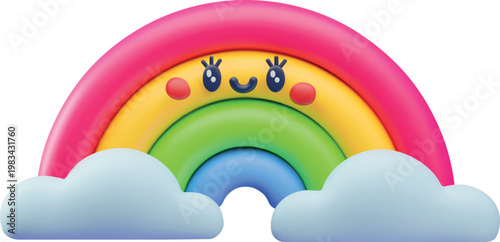 A 3D children's character, a bright rainbow on clouds, with a smiling face.