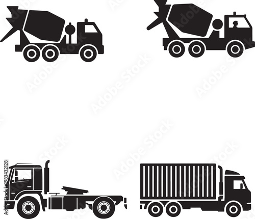 black silhouettes of trucks and cement mixers on white background