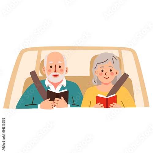 Elderly couple reading books while seated in car during travel. Elderly set