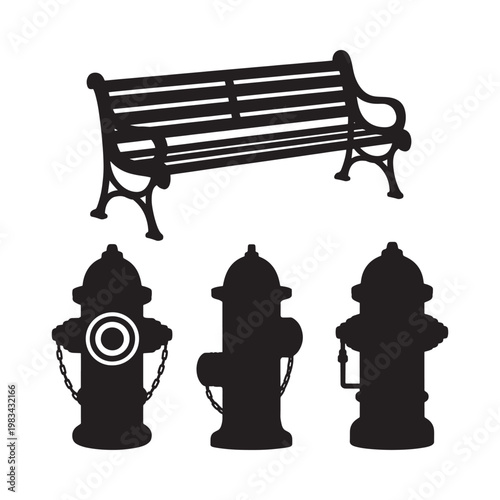 Black silhouettes of a park bench and three fire hydrants