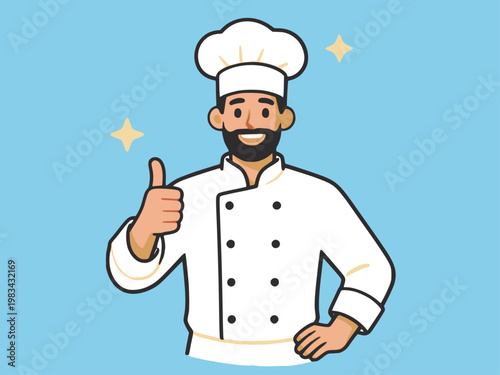 A happy male chef wearing a white uniform and toque blanche gives a positive gesture with a thumbs up, surrounded by sparkling stars