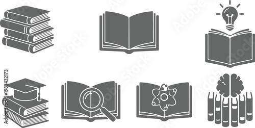 Collection of scientific icons representing research, education, and discovery with a focus on chemistry, physics, biology, and geography
