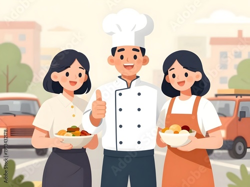 Chef and team celebrate successful food delivery with fresh ingredients