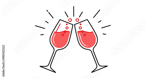 Two wine glasses clinking with red liquid and bubbles celebration toast