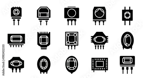 Electronic circuit icons, chip symbols, microchip logos, 15 black and white vector graphics