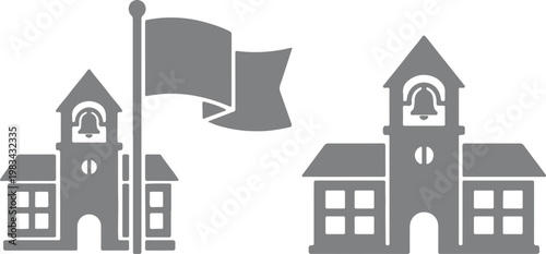 Vector graphics of school buildings with a flagpole and bell tower, representing educational institutions and learning environments