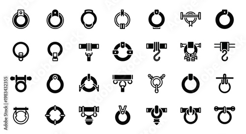 Industrial icons, mechanical symbols, 25 black metalwork signs, industrial equipment, machinery graphics
