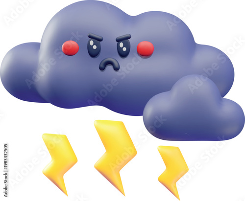 A 3D frowning purple cloud with an angry expression and lightning bolts.