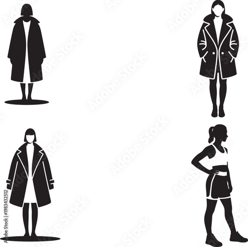 four black silhouettes of women in different poses and outfits