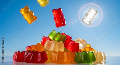 Colorful gummy candies flying above donut with bright blue background