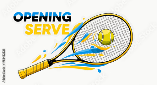 Tennis racket and ball with dynamic splashes and opening serve text  sports graphic