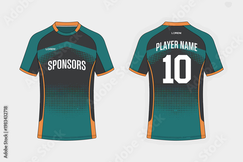 Teal and orange soccer jersey with sponsor and player name template