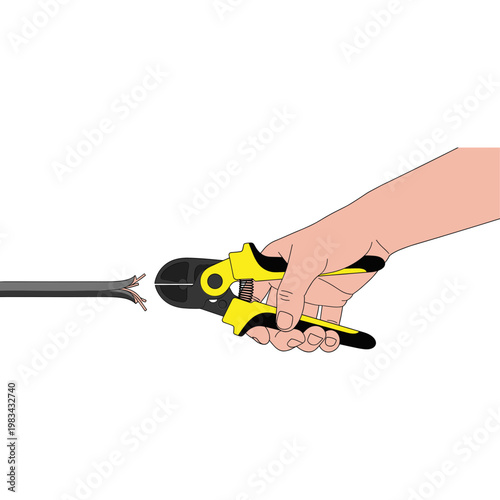A hand holds yellow wire cutters and cuts through a black electrical cable.