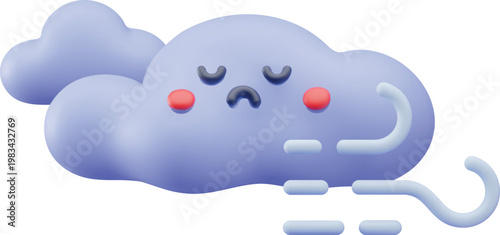 Worrying cloud 3D plastic style, vector cartoon cloudy windy weather forecast symbol, realistic meteorology character
