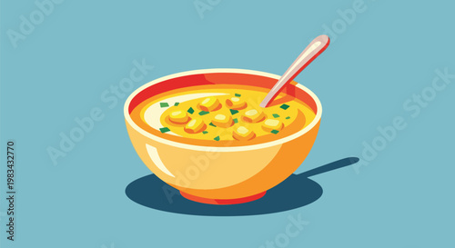 Yellow Soup with Corn and Parsley in Bowl Spoon Blue Background.