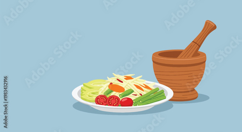 Som Tum Thai Papaya Salad with Mortar and Pestle Food Art.