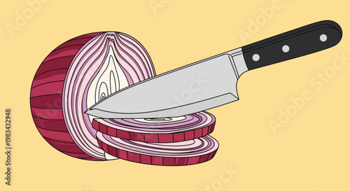 Red Onion Sliced by Chef Knife on Yellow Background Food Preparation.
