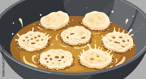 Cooking Indian Fritters (Gulgule) in Hot Oil Stir-Fry.