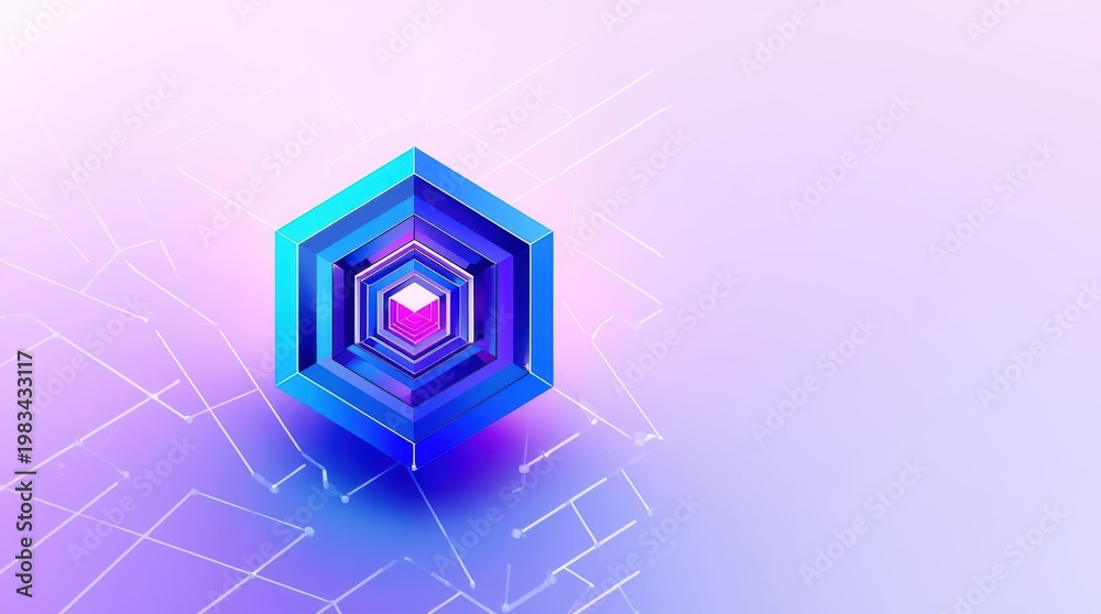 Fototapeta premium A futuristic 3d hexagon shape with glowing neon light effects and a digital circuit board design isolated on white background