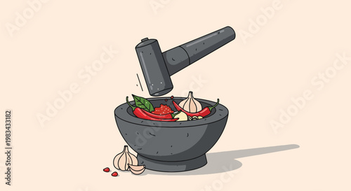 Mortar and Pestle Grinding Chilies and Garlic for Spicy Food Preparation.