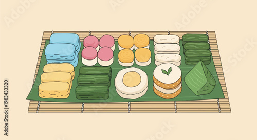Japanese Mochi and Wagashi Assortment on Bamboo Mat.
