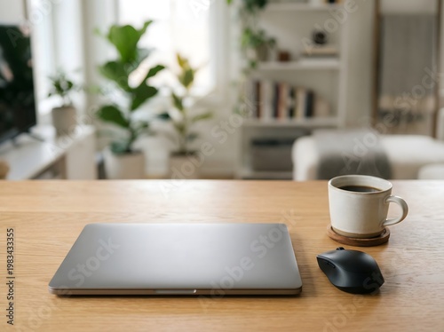 A modern workspace featuring a laptop coffee and indoor plants