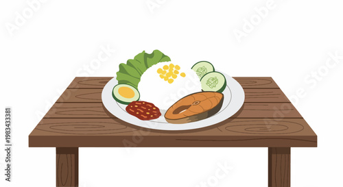 Nasi Lemak Meal on Wooden Table Delicious Malaysian Food Dish.