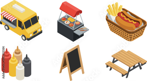 Isometric street food vector set featuring yellow food truck, hot dog basket, grill station, condiments, blackboard and picnic table,