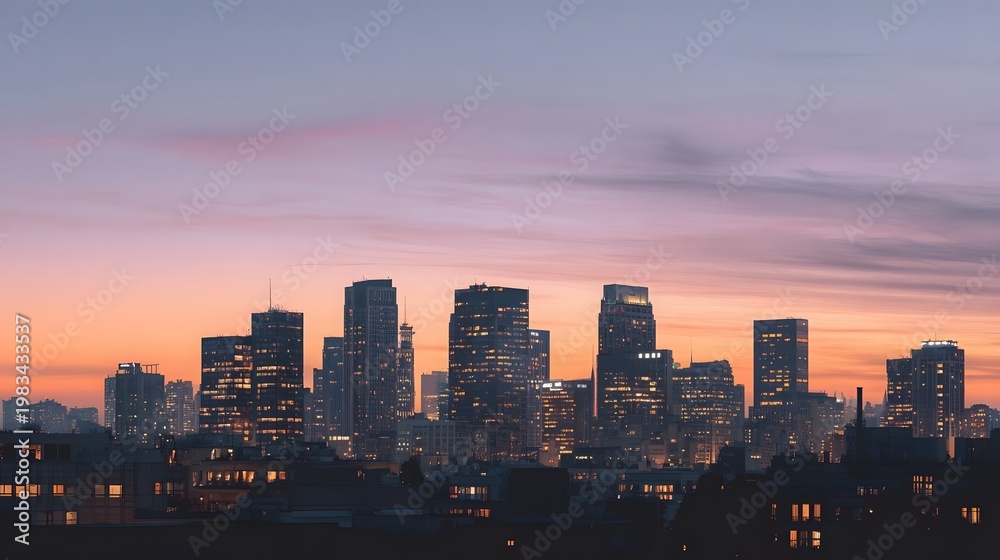 Fototapeta premium Expansive view of a modern metropolitan skyline bathed in the soft vibrant light of dawn or twilight
