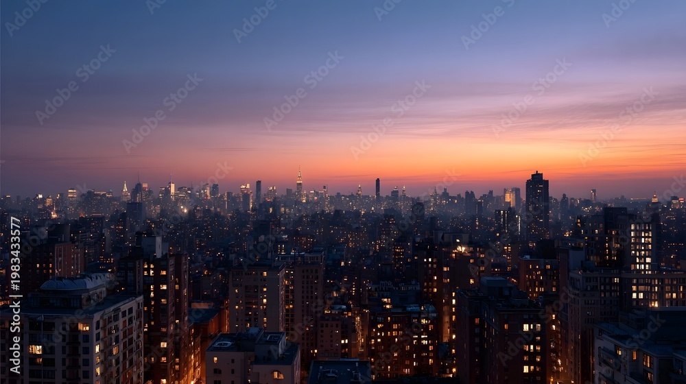Fototapeta premium A breathtaking panoramic view of a large metropolis skyline illuminated by the soft colors of the rising sun