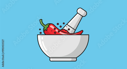 Red Chili Pepper Being Ground in Mortar and Pestle with Spices.