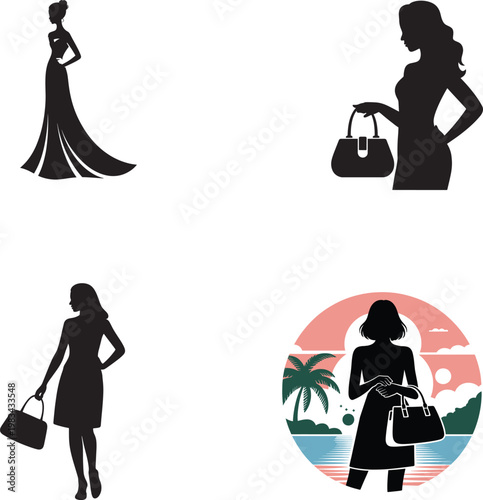 silhouette of women with handbags in various poses
