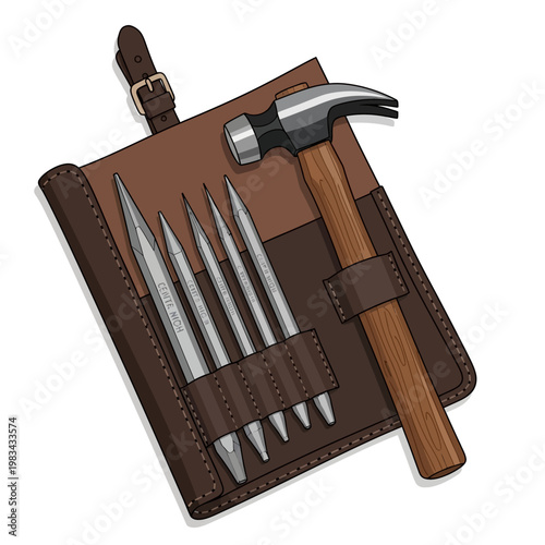 Leatherworking Tool Kit: Hammer and Punches in Brown Leather Roll