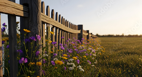Wildflowers by wooden fence in field at sunset golden hour light.