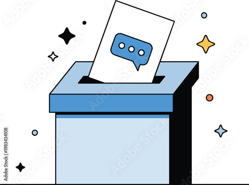 Blue ballot box with voting paper and comment bubble icon for feedback, suggestions, election, surveys and customer testimonials,