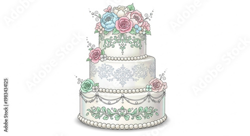 Elegant Three Tier Wedding Cake Decorated With Flowers.