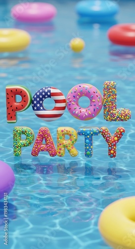 Festive Pool Party Celebration with Patriotic and Colorful Decorations.