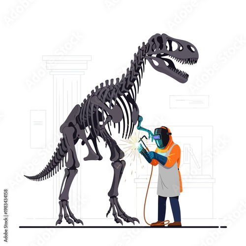 Paleontologist Welding Dinosaur Skeleton in Museum Workshop